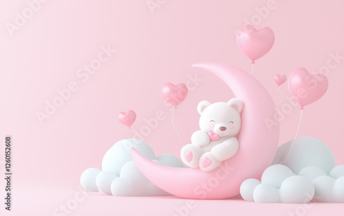 Wallpaper Mural Cute teddy bear surrounded by hearts on a moon soft pink background digital art whimsical atmosphere playful viewpoint Torontodigital.ca