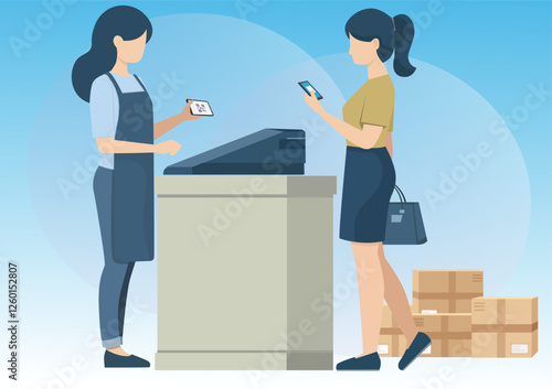 Flat illustration of customer paying by scanning from bank app. Empty background.