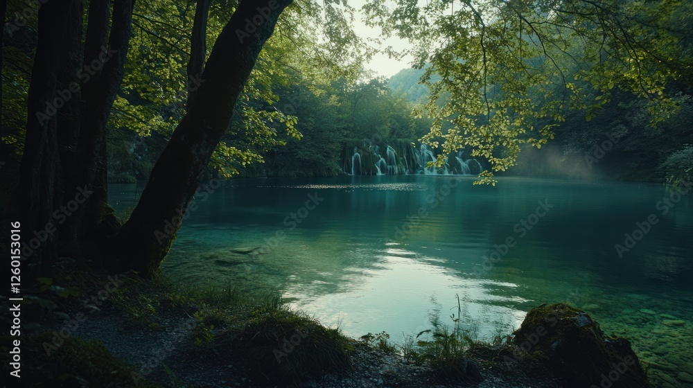 Obraz premium Serene forest lake, cascading waterfall, mist, nature