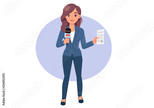 Flat illustration of a female reporter holding a microphone broadcasting a situation report.