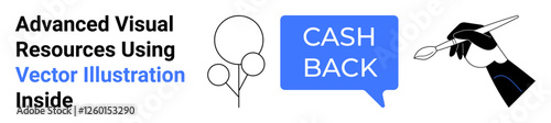 Hand with paintbrush, balloons, cashback text in speech bubble. Ideal for promotions, finance, art, creativity, advertising, marketing social media flat landing page banner