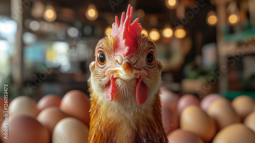 A hen surrounded by freshly laid eggs and straw, a symbol of rural life and subsistence farming.. photo