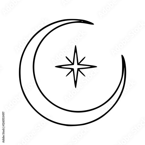 a line art drawing of a crescent moon with star for design element