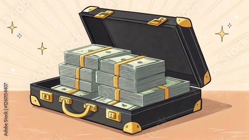 Wealth encounter luxurious briefcase filled with cash stacks business environment captured from above photo