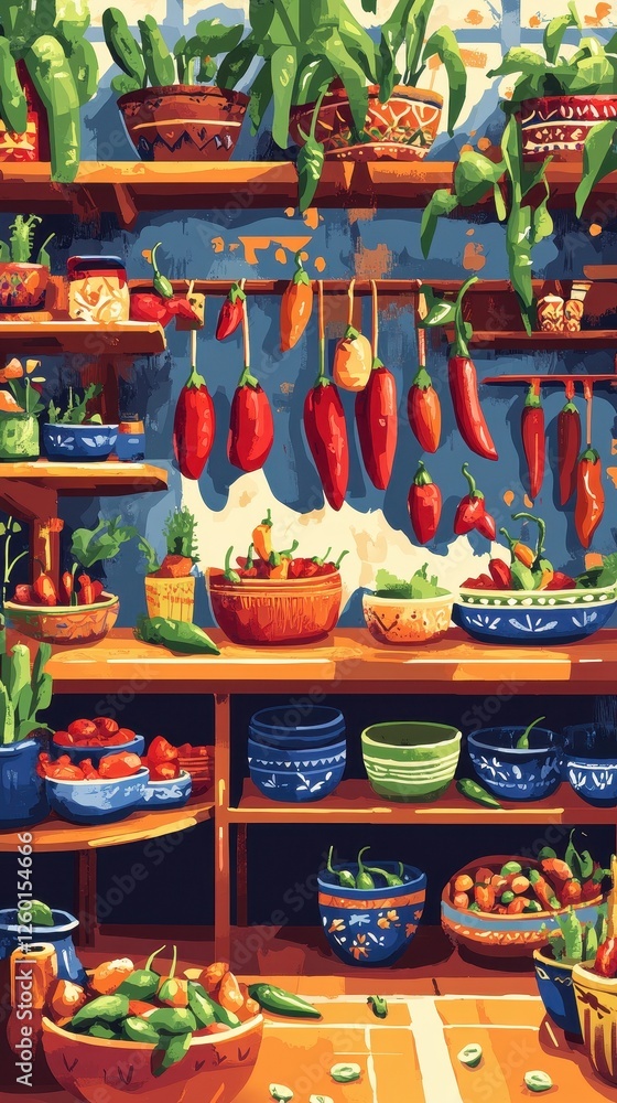 Colorful peppers and potted plants displayed on shelving units Colorful peppers and potted plants displayed on shelving units