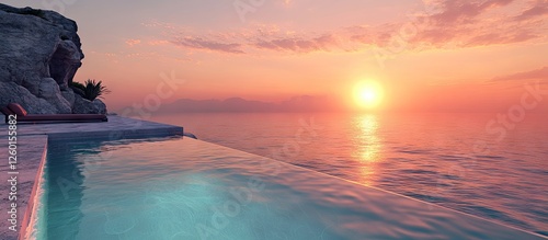 Fototapeta Naklejka Na Ścianę i Meble -  Lavish infinity pool reflecting warm sunset hues of pink and orange with ocean view in foreground, serene and luxurious atmosphere by the sea