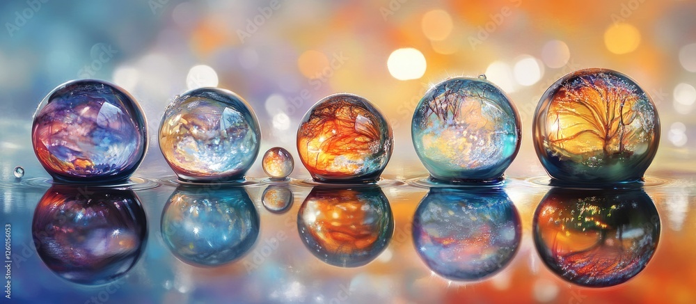 Colorful glass marbles with vibrant landscapes and trees, arranged in a line on a reflective surface with a gradient blue and orange background. Colorful glass marbles with vibrant landscapes and trees, arranged in a line on a reflective surface with a gradient blue and orange background.