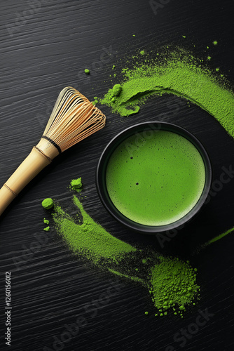 Traditional matcha tea setup, emphasizing the artistry and ritualistic elements of preparing matcha photo