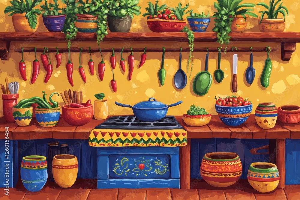 A colorful kitchen scene showcasing food preparation and rustic charm A colorful kitchen scene showcasing food preparation and rustic charm