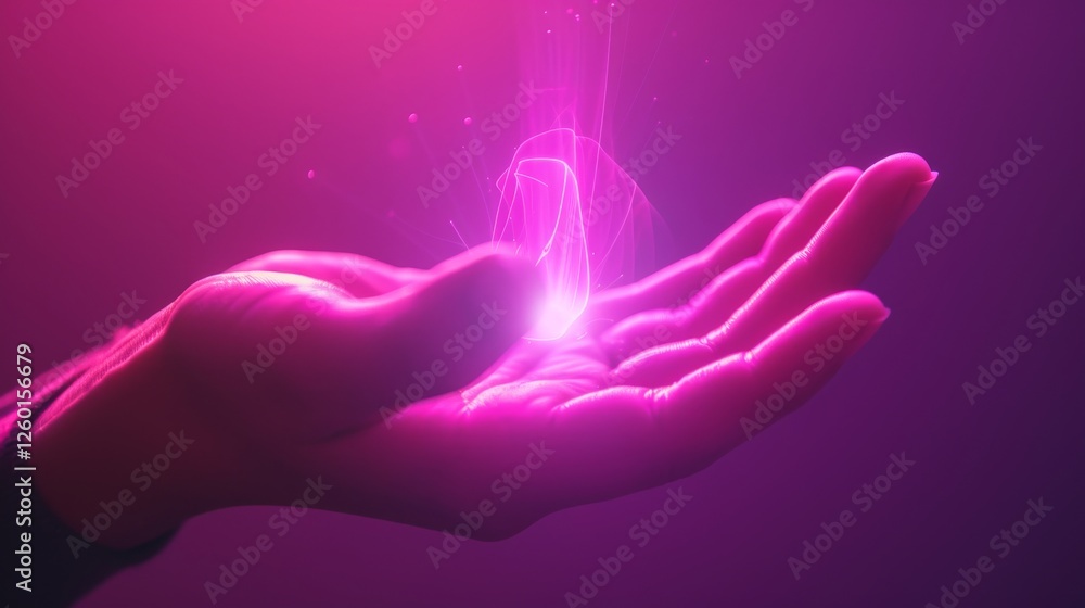 A hand holding vibrant pink light radiating with glowing energy, set against a soft purple and dark background. Perfect for sci-fi, fantasy, or surreal themes. AI generated. A hand holding vibrant pink light radiating with glowing energy, set against a soft purple and dark background. Perfect for sci-fi, fantasy, or surreal themes. AI generated.