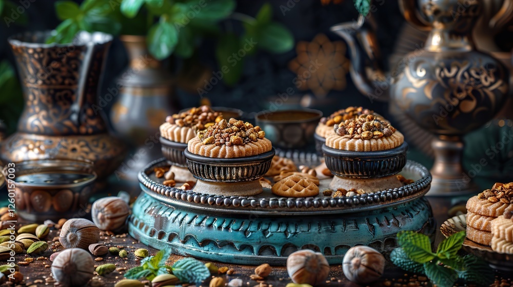 Fototapeta premium Desserts Eid al-Fitr, Eid al Adha Kahk (Eid Cookies) Arabic filled Pistachio or nut called Maamoul Cookies. Eid mubarak HD 8K wallpaper Photographic Image