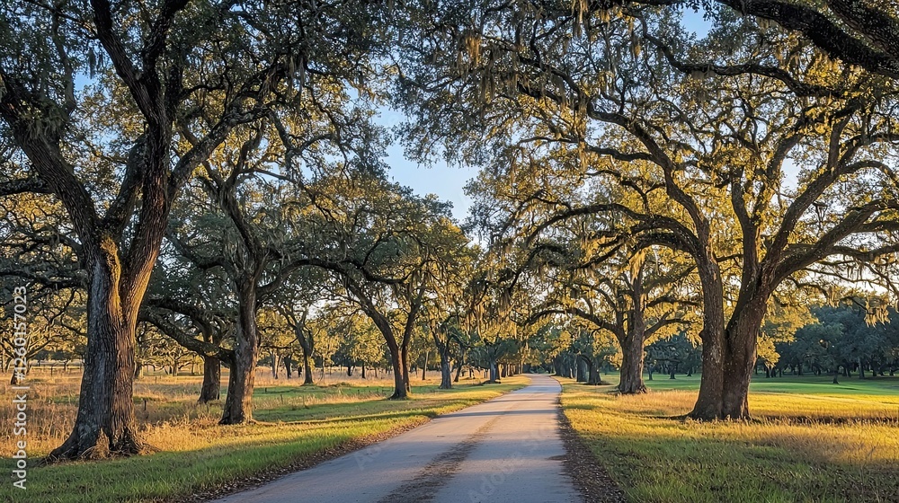 Fototapeta premium Scenic tree-lined road with massive oaks and hanging moss. Sunlight filters through branches, casting shadows on the path. Tranquil and picturesque countryside view. Generative AI