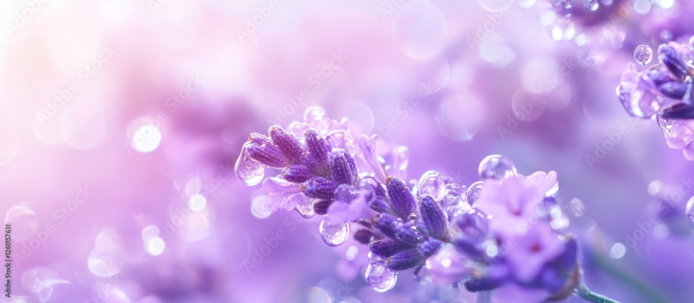 Lavender flowers adorned with water droplets against a soft purple background, evoking relaxation and tranquility for spa ambiance and wellness. Lavender flowers adorned with water droplets against a soft purple background, evoking relaxation and tranquility for spa ambiance and wellness.