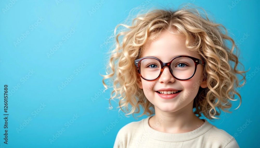 Obraz premium A blue-eyed, curly-haired blonde girl in a beige sweater on a blue background. Space for text.