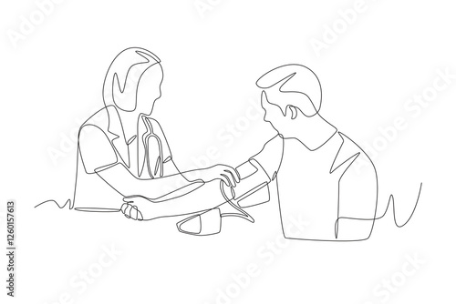 Doctor checks patient's blood pressure. Taking blood pressure concept one-line drawing