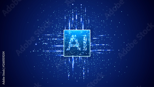AI semiconductor chip with light glowing pixel elements on technology background. Artificial Intelligence concept. Tech blue bg. Abstract circuit with data flow. Digital vector futuristic illustration