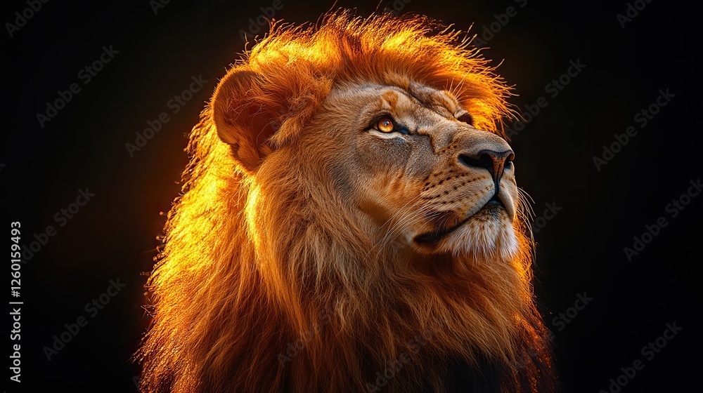 Naklejka premium lion in the golden light on dark background panoramic banner