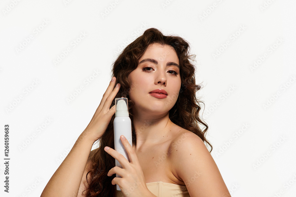 Obraz premium Stylish young woman applying beauty product with confidence in a bright studio setting