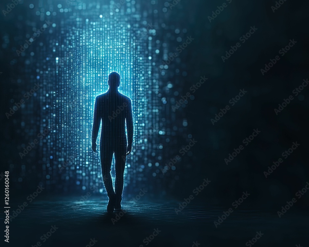 A figure walks through a digital portal, surrounded by glowing binary code, representing the intersection of humanity and technology.