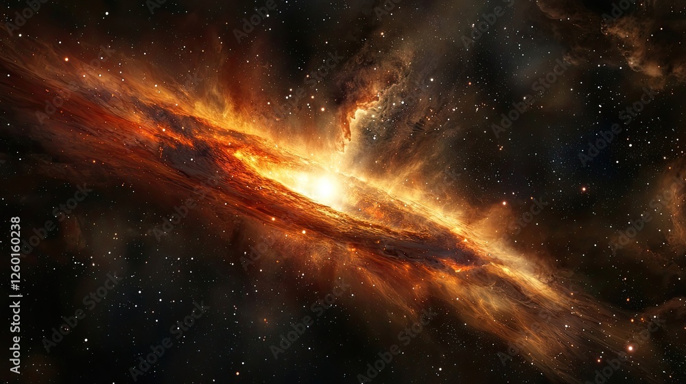 Fiery galaxy with glowing cosmic dust and swirling stars in deep space. A massive explosion of light and energy creates a breathtaking astronomical scene. Generative AI. Fiery galaxy with glowing cosmic dust and swirling stars in deep space. A massive explosion of light and energy creates a breathtaking astronomical scene. Generative AI.
