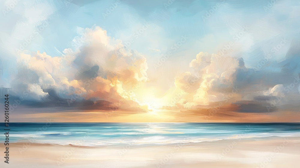 Obraz premium A serene beach scene at sunrise, with soft clouds and gentle waves reflecting warm colors in the sky.