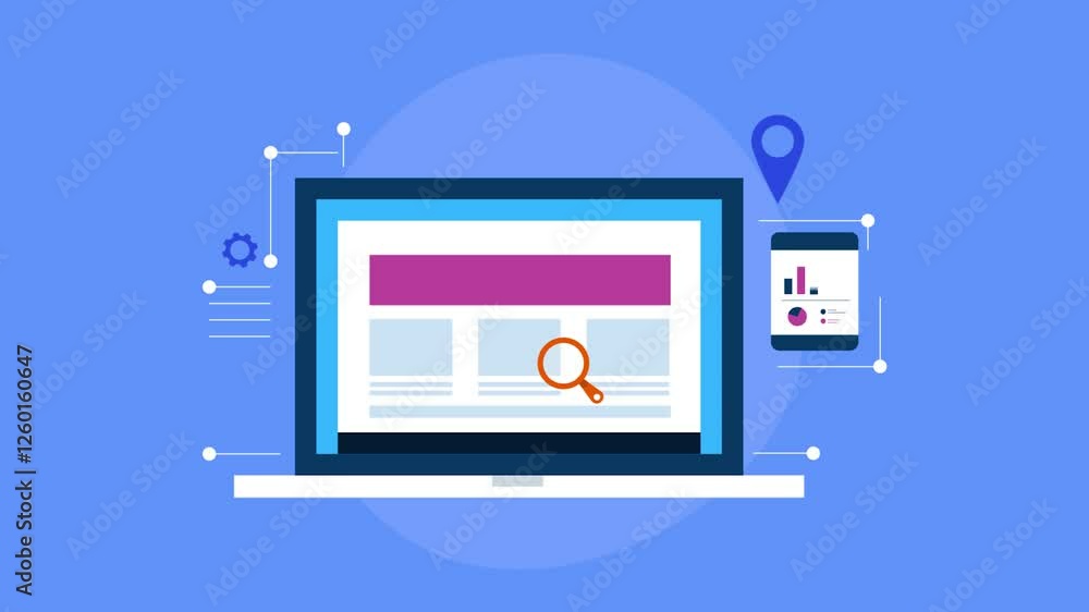Website on computer screen with magnifier analysing performance data, display report on mobile app screen, SEO concept. Website on computer screen with magnifier analysing performance data, display report on mobile app screen, SEO concept.