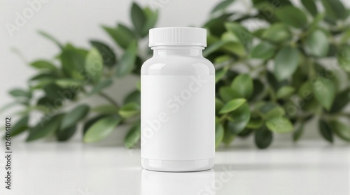 Minimalist white supplement bottle with blank label on a clean surface, surrounded by green foliage, perfect for health and wellness themes