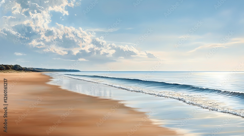 Obraz premium A serene beach scene with gentle waves, soft sand, and a clear sky dotted with clouds, evoking tranquility and natural beauty.