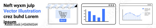 Shopping cart under store canopy, bar graph, and line chart on separate panels. Ideal for e-commerce, analytics, marketing, sales, business growth, strategy and flat landing page banner