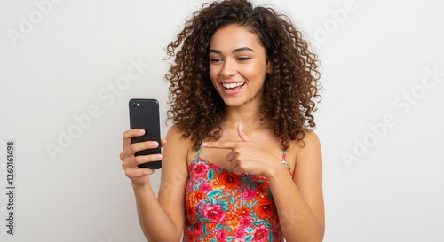 Joyful young woman pointing at smartphone in hand, online shopping application