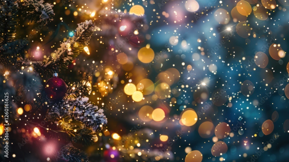 Festive holiday lights sparkling on a snowy evening backdrop Festive holiday lights sparkling on a snowy evening backdrop