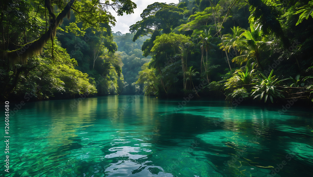 Fototapeta premium Serene Deep Jungle River with Crystal Clear Waters Surrounded by Tropical Flora