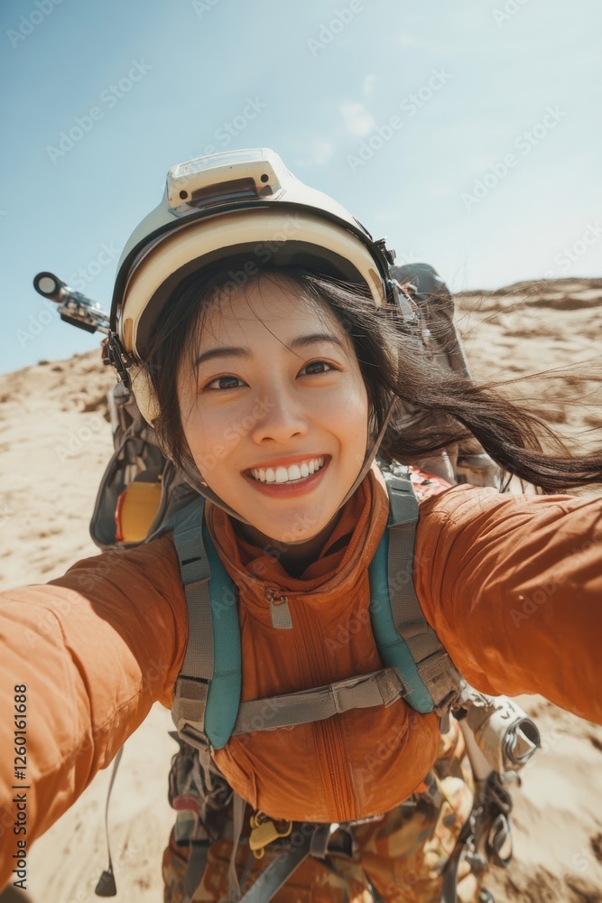 Smiling Adventurous Woman Taking a Selfie in Desert Landscape, Wearing a Helmet and Backpack, Perfect for International Womens Day and World Tourism Day Smiling Adventurous Woman Taking a Selfie in Desert Landscape, Wearing a Helmet and Backpack, Perfect for International Womens Day and World Tourism Day
