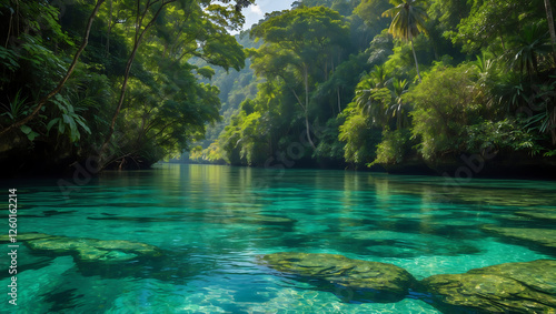 Fototapeta Naklejka Na Ścianę i Meble -  Deep Jungle River with Crystal Clear Water Flowing Through Lush Green Forest