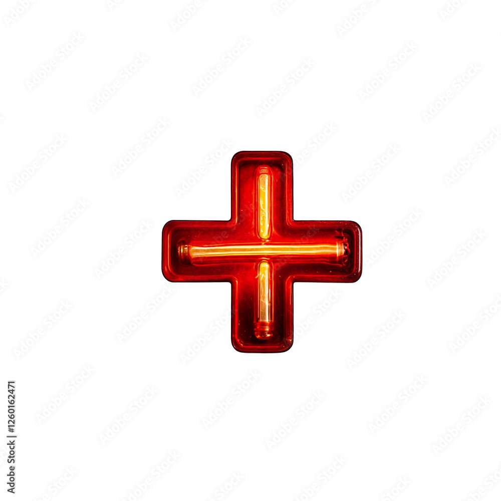 Obraz premium Plus sign shines in a bold neon sign style—red with glowing yellow-orange tubing. Its bright glow evokes vintage diners, theaters, and storefronts, blending retro charm with modern flair