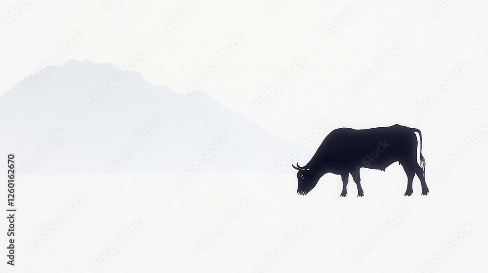 Ox Grazing in a Misty Field, an elegant ink painting depicting a serene ox in an open field surrounded by soft mist, showcasing traditional Chinese brush techniques and watercolor elegance. Ox Grazing in a Misty Field, an elegant ink painting depicting a serene ox in an open field surrounded by soft mist, showcasing traditional Chinese brush techniques and watercolor elegance.