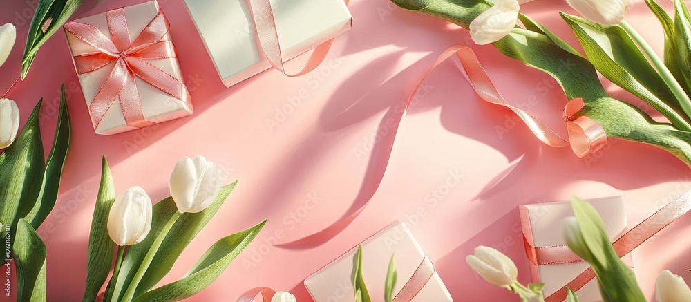 Trendy gift boxes with ribbon bows and fresh white tulips arranged on a soft pastel pink background creating a festive Mother's Day atmosphere.