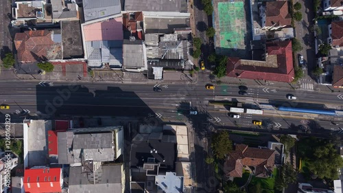 Quito, Ecuador, reveals its urban where traffic navigates the streets amidst diverse architecture in a look down aerial perspective
