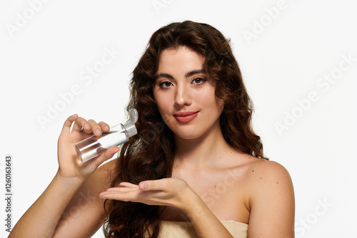 Fotografía Stylish young woman showcases skincare routine in bright studio setting