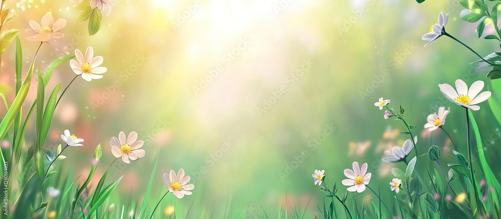 Spring nature background featuring soft sunlight with white wildflowers scattered in green grass and a blurred dreamy effect for design use. Spring nature background featuring soft sunlight with white wildflowers scattered in green grass and a blurred dreamy effect for design use.