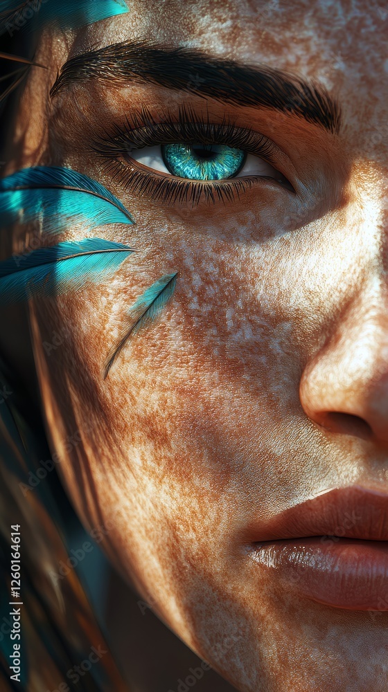 Close-up portrait of woman with striking blue eyes and feather adornments Close-up portrait of woman with striking blue eyes and feather adornments