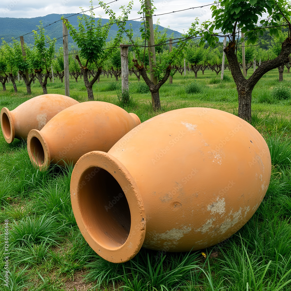 Several Kvevri Qvevri Churi of different sizes on the grass near a vine yard. Earthenware clay vessel used for the fermentation, storage and ageing of traditional Georgian wine. Several Kvevri Qvevri Churi of different sizes on the grass near a vine yard. Earthenware clay vessel used for the fermentation, storage and ageing of traditional Georgian wine.