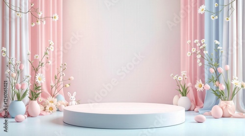 Charming spring-themed backdrop with pastel colors, floral accents, and decorative Easter eggs, perfect for festive celebrations or spring promotions