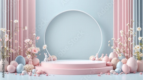 Charming spring-themed backdrop with pastel colors, floral accents, and decorative Easter eggs, perfect for festive celebrations or spring promotions