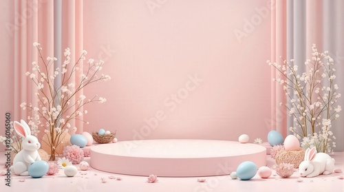 Charming spring-themed backdrop with pastel colors, floral accents, and decorative Easter eggs, perfect for festive celebrations or spring promotions