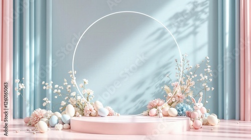 Charming spring-themed backdrop with pastel colors, floral accents, and decorative Easter eggs, perfect for festive celebrations or spring promotions