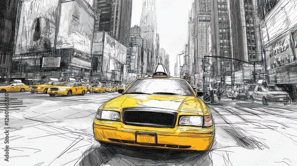 NYC Taxi Sketch: A Yellow Cab in Times Square's Vibrant Streets NYC Taxi Sketch: A Yellow Cab in Times Square's Vibrant Streets