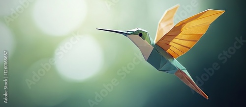 Origami hummingbird with orange wings and teal body flying against a softly blurred green and white background with light bokeh highlights.