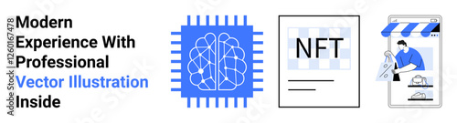 Brain-shaped circuit inside chip, NFT art concept, and mobile storefront. Ideal for technology, innovation, blockchain, e-commerce, digital creativity, AI flat landing page banner
