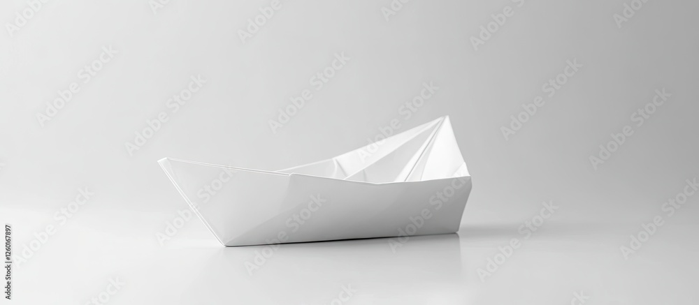 Minimalist origami white paper boat positioned slightly left on soft gray background with subtle shadows highlighting its creases and folds. Minimalist origami white paper boat positioned slightly left on soft gray background with subtle shadows highlighting its creases and folds.